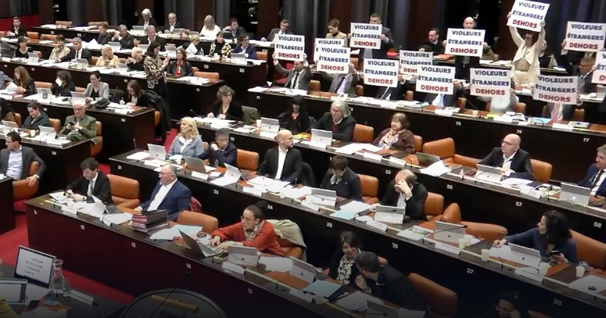 , Des &eacute;lus RN brandissent des pancartes anti-immigration en soutien au collectif N&eacute;m&eacute;sis