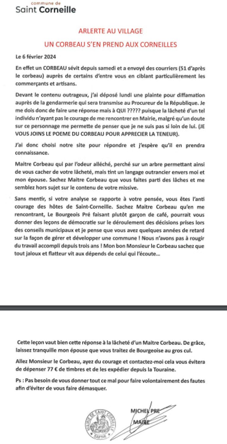 , &Agrave; Saint-Corneille, le corbeau qui en veut au maire et &agrave; son &eacute;pouse n&rsquo;a pas &eacute;t&eacute; d&eacute;masqu&eacute;