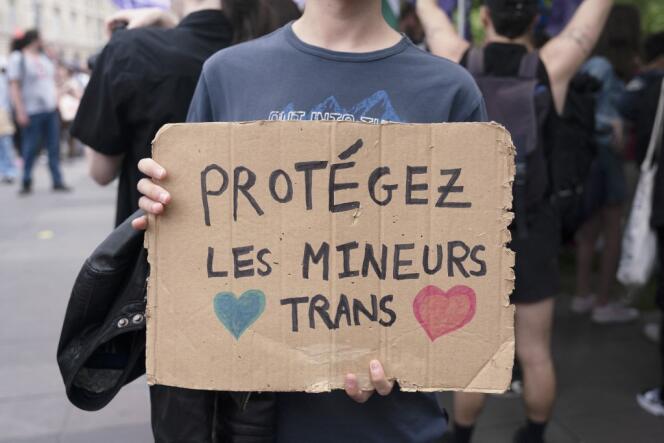 Manifestation contre la transphobie et pour la visibilit&eacute; des personnes trans, &agrave; Paris, le 26&nbsp;mai&nbsp;2024.