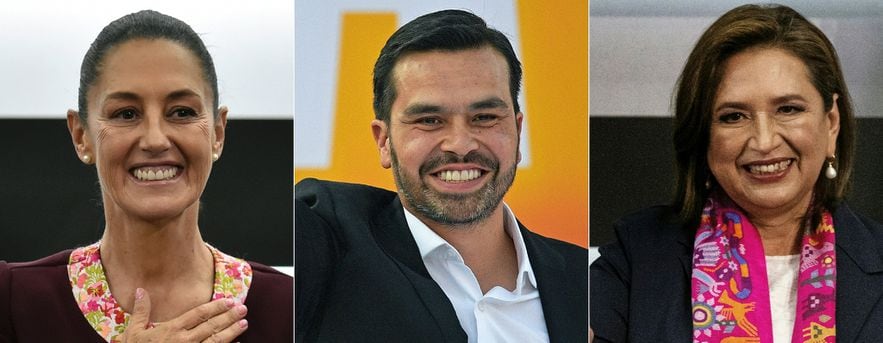 Cette combinaison de trois photos pr&eacute;sente la favorite de l'&eacute;lection pr&eacute;sidentielle du 2 juin au Mexique, la candidate de la gauche au pouvoir Claudia Sheinbaum (G), le candidat minoritaire Jorge Alvarez Maynez (C), et la rivale de centre-droit de Sheinb
