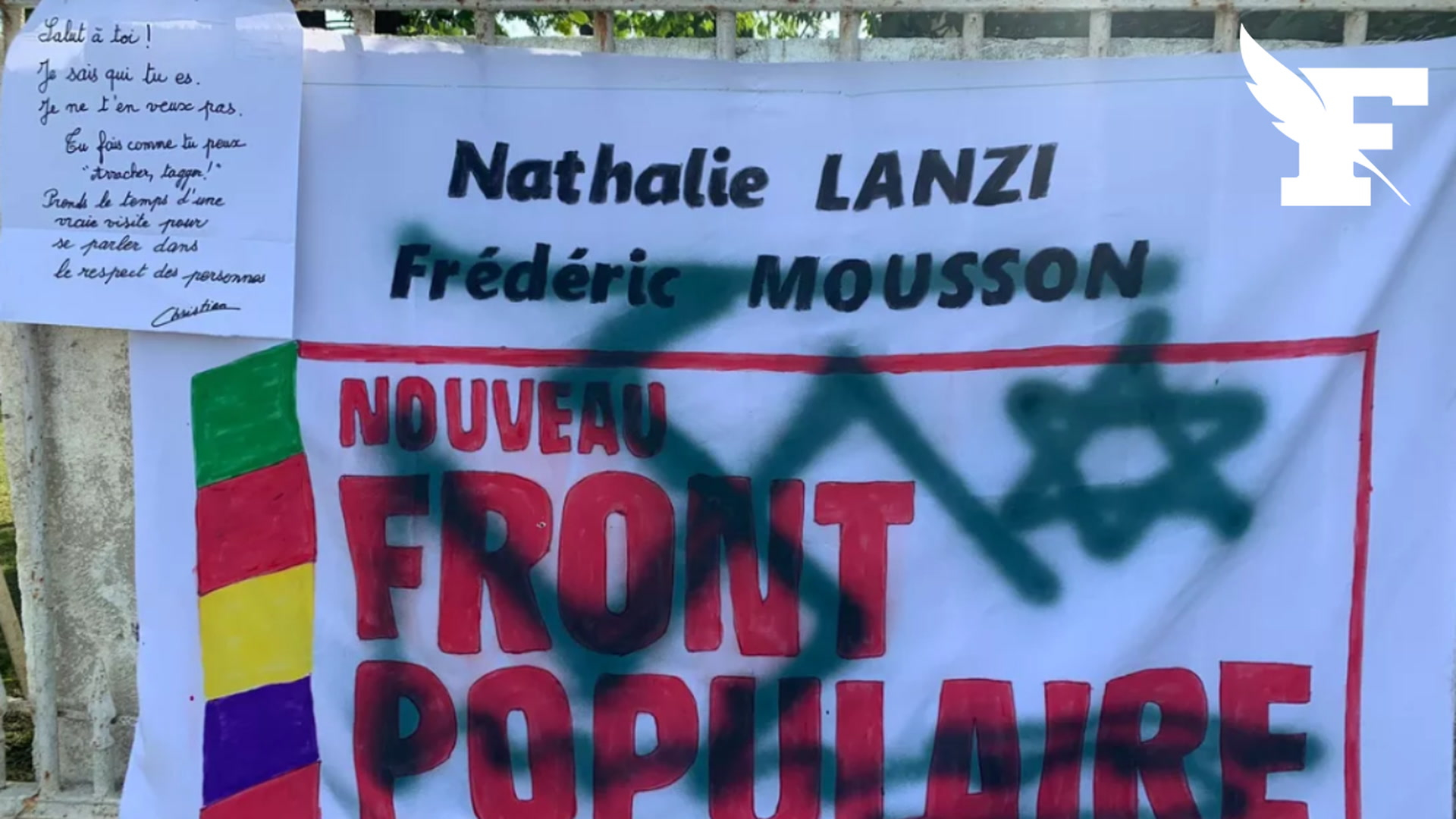 , Nouvelle-Aquitaine: une croix gamm&eacute;e et une &eacute;toile de David tagu&eacute;es sur une banderole du Nouveau Front populaire