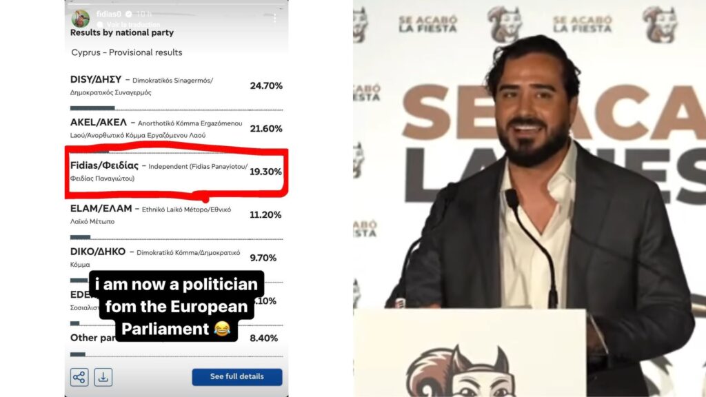 La story Instagram de Fidias, annon&ccedil;ant sa victoire, et une capture d'&eacute;cran du discours d'Alvise // Source : Captures d'&eacute;crans et montage Numerama