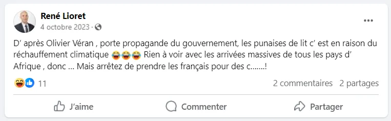 Publication de Ren&eacute; Lioret (RN) sur sa page Facebook