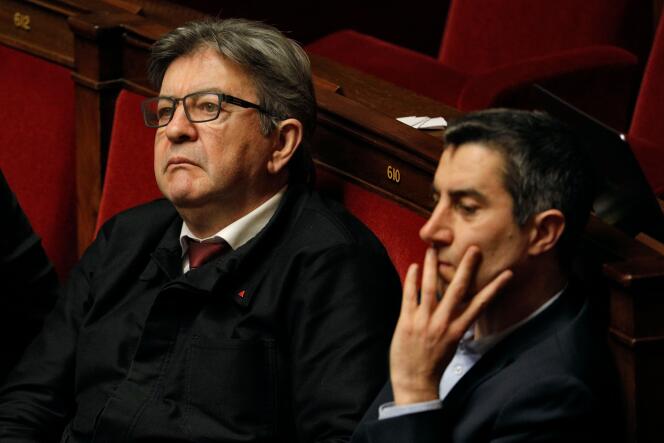 Jean-Luc M&eacute;lenchon et Fran&ccedil;ois Ruffin &agrave; l&rsquo;Assembl&eacute;e nationale, &agrave; Paris, le 28&nbsp;janvier&nbsp;2020.