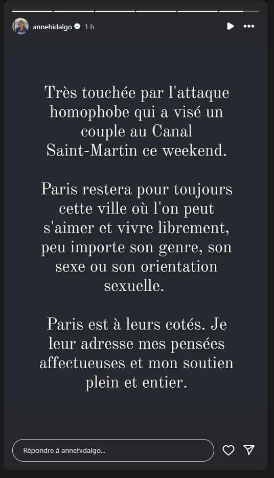 Agression homophobe: "Paris est &agrave; leurs c&ocirc;t&eacute;s", a assur&eacute; Anne Hidalgo (Capture d'&eacute;cran Instagram)