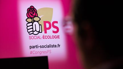 Le logo du Parti socialiste (PS), le 8 avril 2018 &agrave; Aubervilliers (Seine-Saint-Denis). (AURELIEN MORISSARD / MAXPPP)