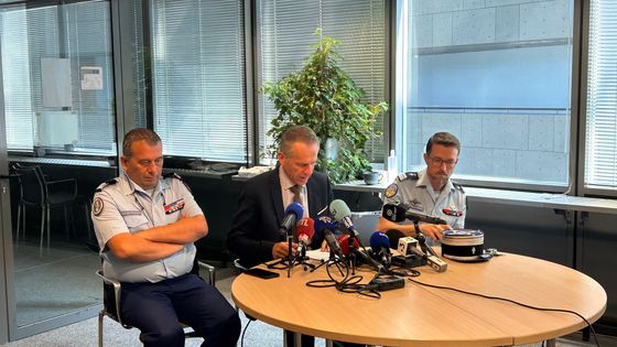 Le procureur de la R&eacute;publique de Grenoble (au centre) lors de la conf&eacute;rence de presse sur l'agression du maire de Villeneuve-de-Marc, le 10 ao&ucirc;t 2025.