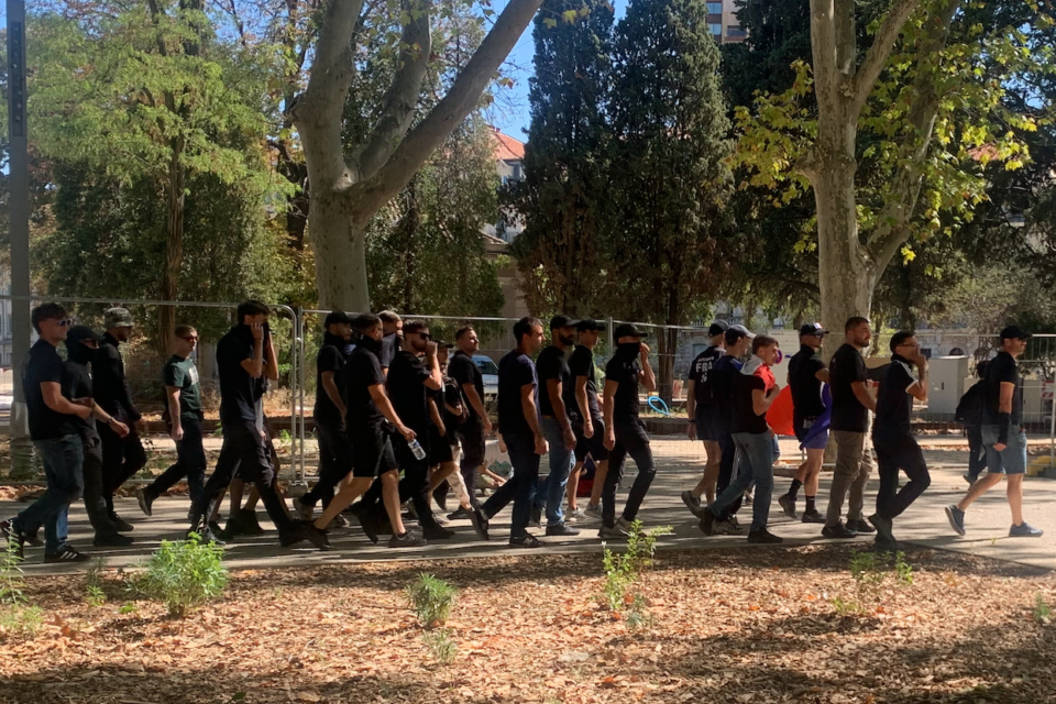 Le groupe de jeunes identitaires remontant l'esplanade jeudi vers 13h30, deux heures avant leur sordide agression sur la place des Beaux-Arts 