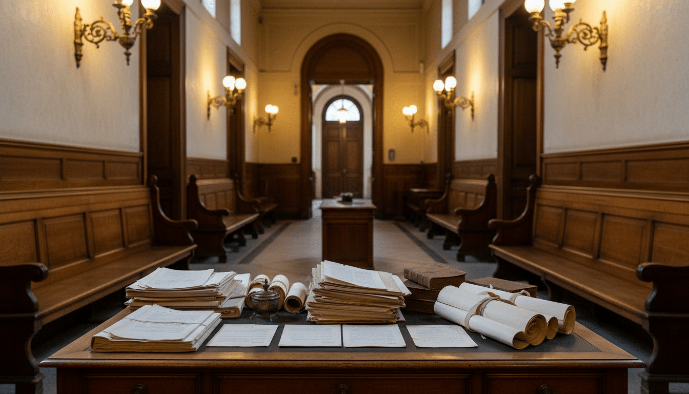 Couloir int&eacute;rieur d'un tribunal fran&ccedil;ais avec bancs en bois