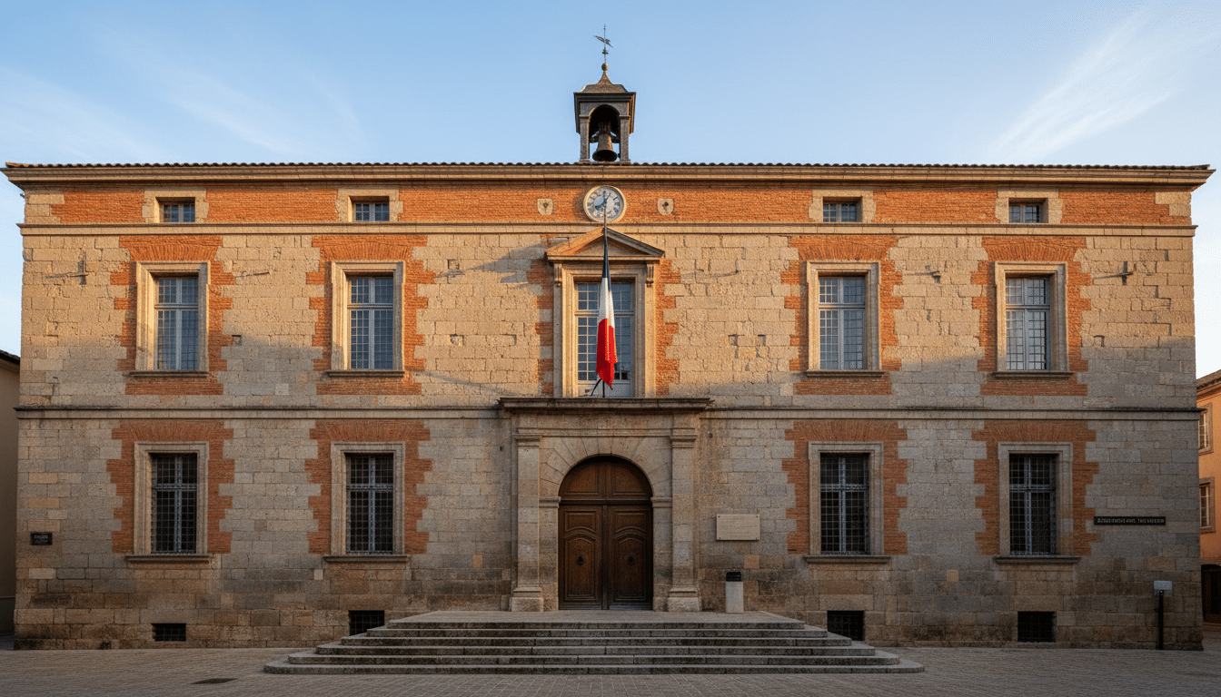 Fa&ccedil;ade de la mairie de Perpignan avec drapeau tricolore