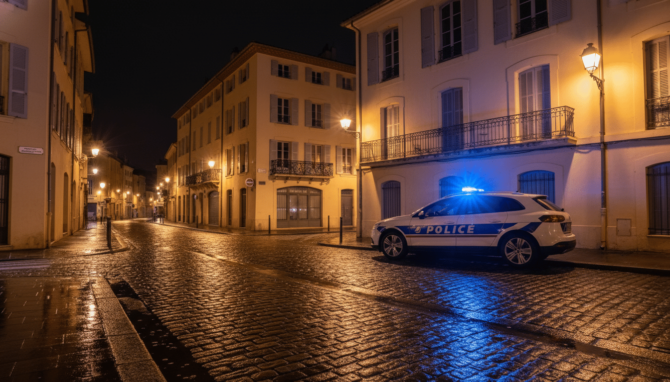 Voiture de police &eacute;clair&eacute;e de nuit dans une rue de Perpignan