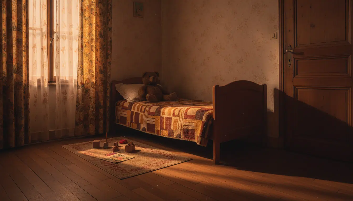 Chambre d'enfant vide des ann&eacute;es 1970 &eacute;voquant l'enfance vol&eacute;e