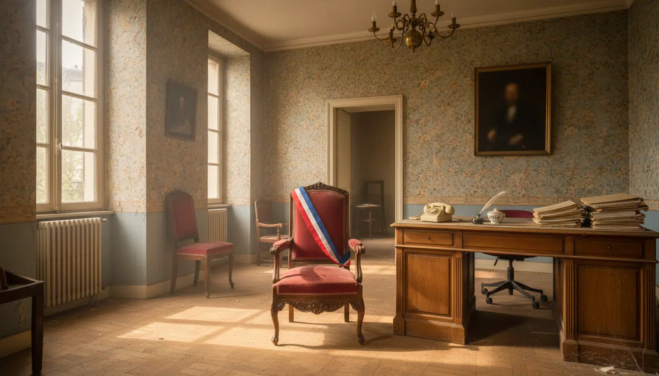 Bureau de mairie fran&ccedil;aise des ann&eacute;es 1980 avec &eacute;charpe tricolore